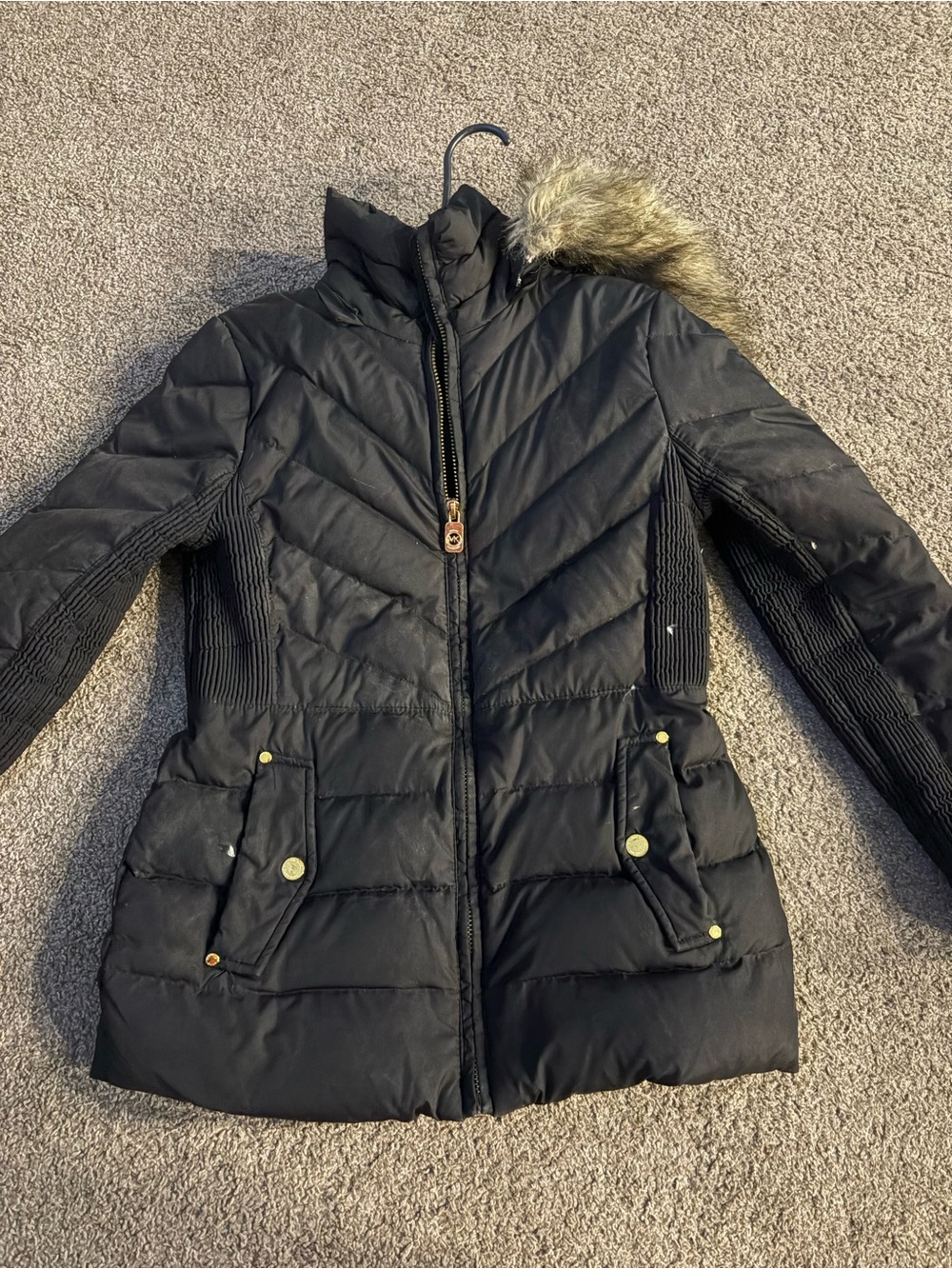 Michael Kors Black Quilted Puffer Jacket with Faux Fur-Trim Hood